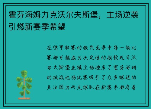 霍芬海姆力克沃尔夫斯堡，主场逆袭引燃新赛季希望