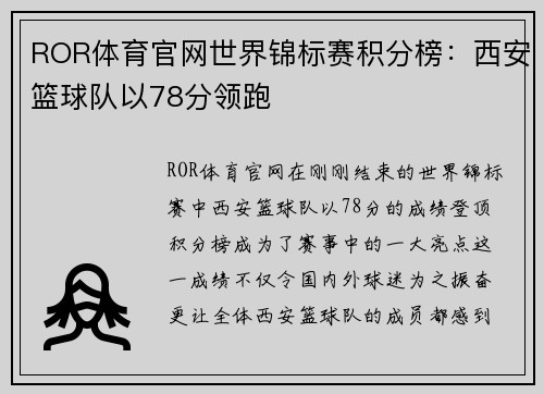 ROR体育官网世界锦标赛积分榜：西安篮球队以78分领跑